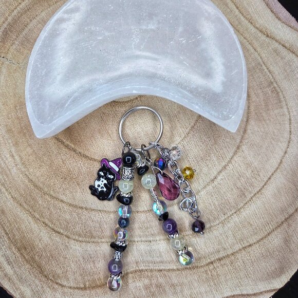 Cat Keychain — Citrine, Amethyst, Sodalite & Obsidian with Glass Beads - Picture 1 of 4